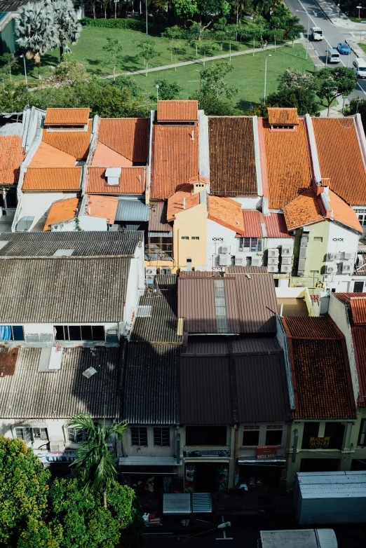 an aerial s of red tiled roofs in a small town