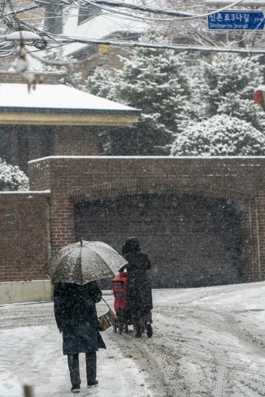 people walking in the snow with an umbrella