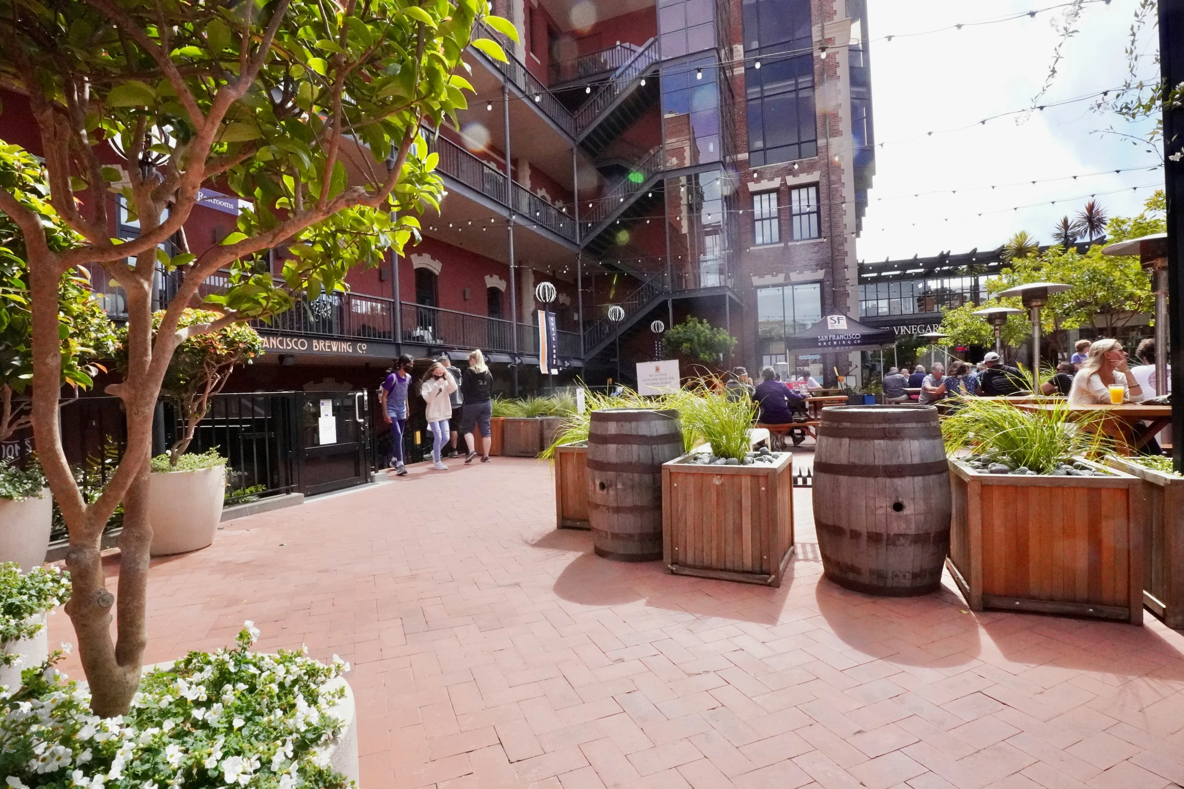 people standing around in an outdoor garden with some wooden barrels