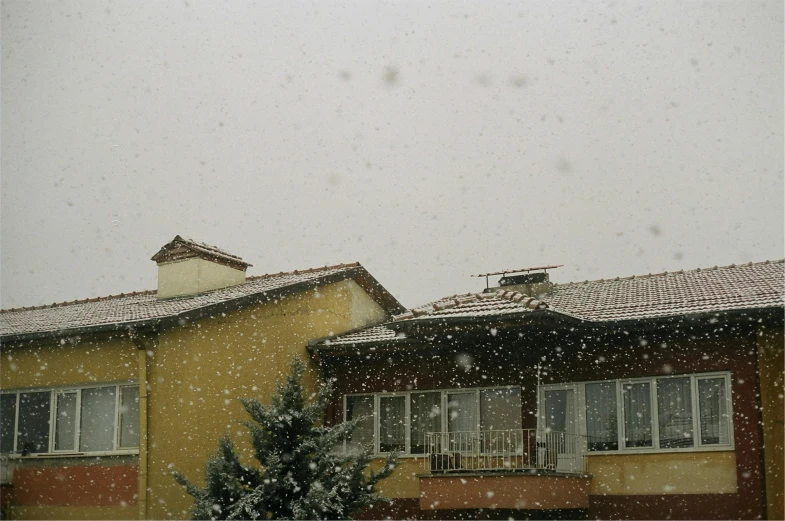 a house that has snow on it next to trees