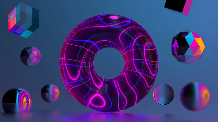 the letter c with neon colors is surrounded by colorful balls