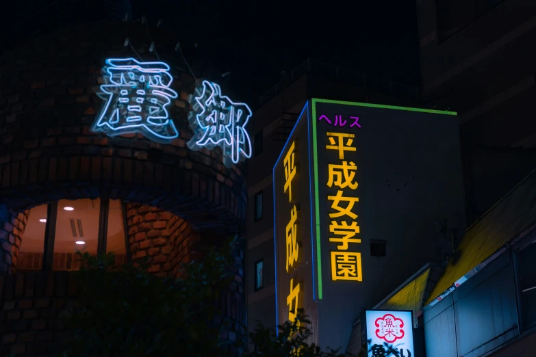 a neon sign shows in an asian city