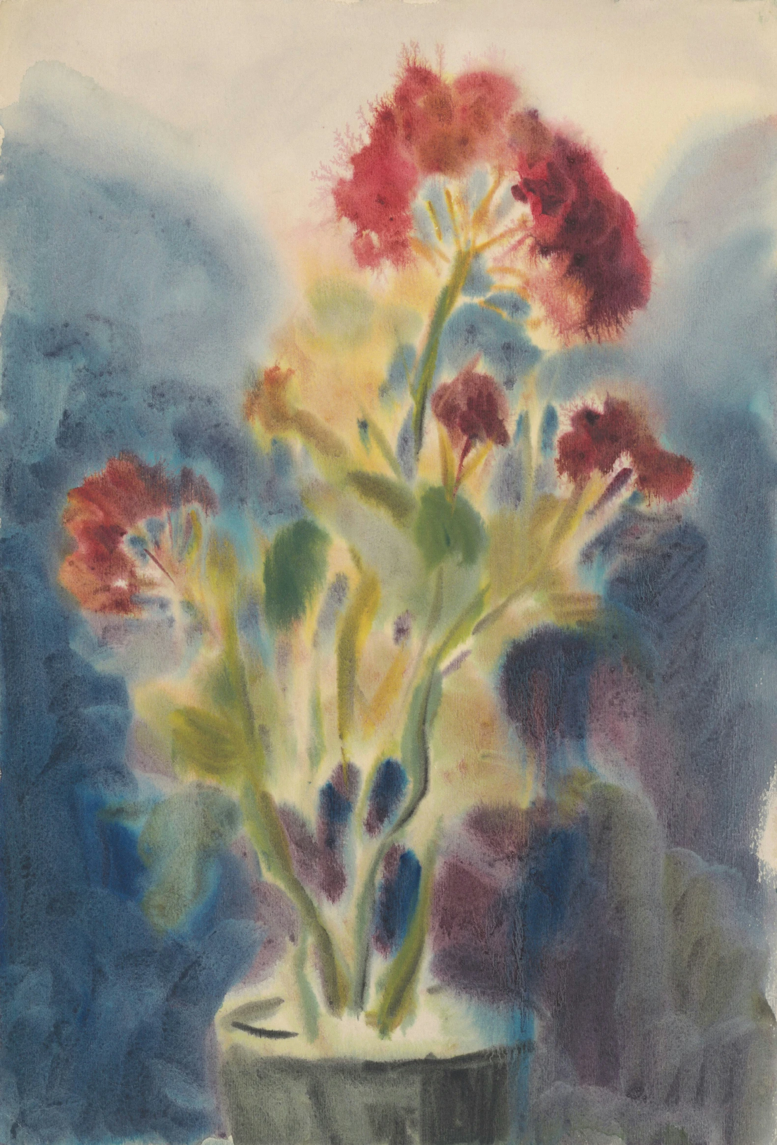 a painting of flowers in a pot on a window sill