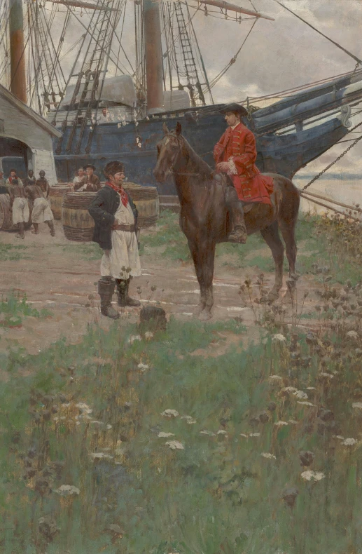 a painting shows people standing and sitting near a large boat