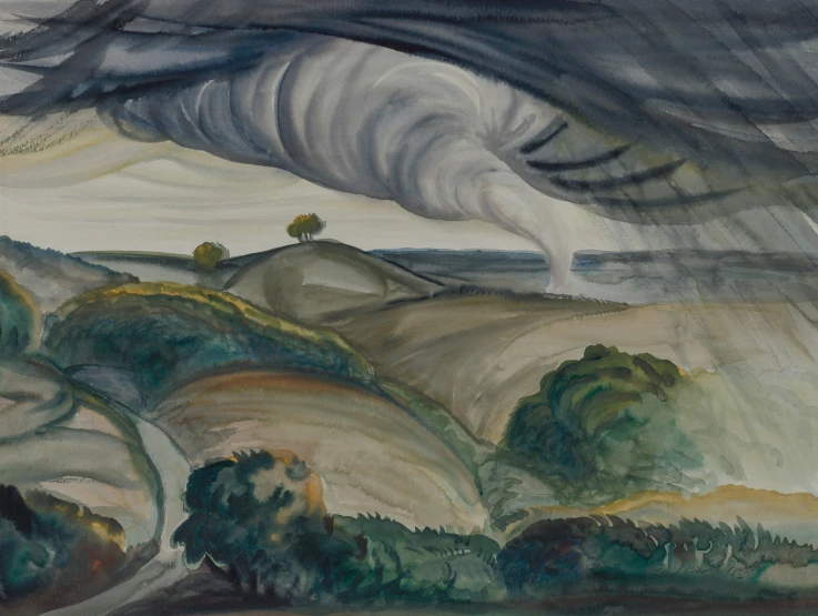 an artwork depicting a dark cloud over a mountain