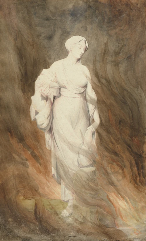 the painting shows a statue standing in front of fire