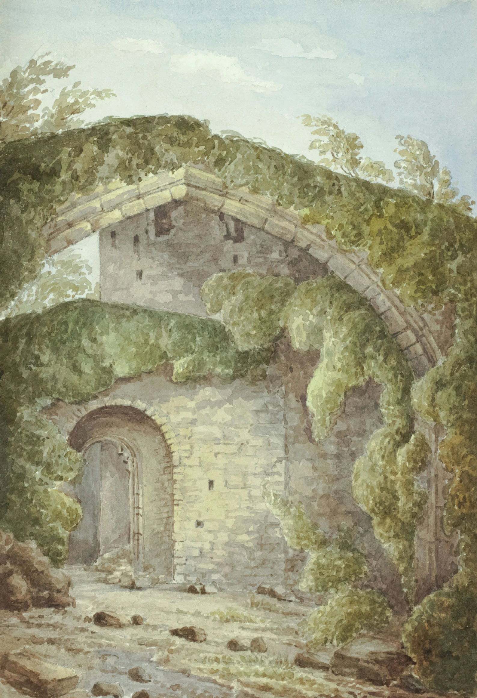 an old painting of an arch and trees