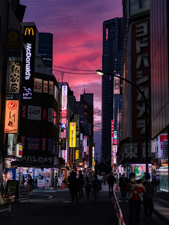 a view down an asian street at night