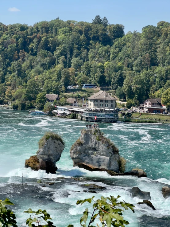 there is a large river flowing through a town