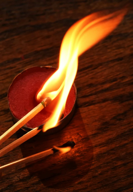 two matches burning and placed in an empty bowl on a table