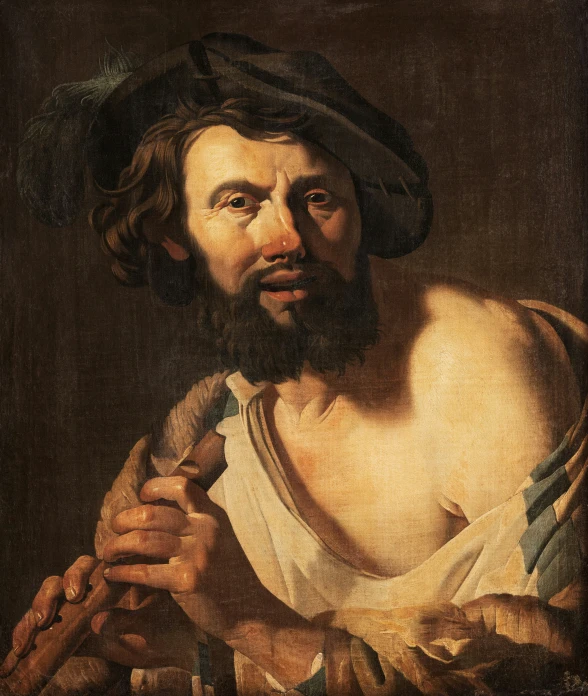 a portrait of a bearded man holding some kind of hammer