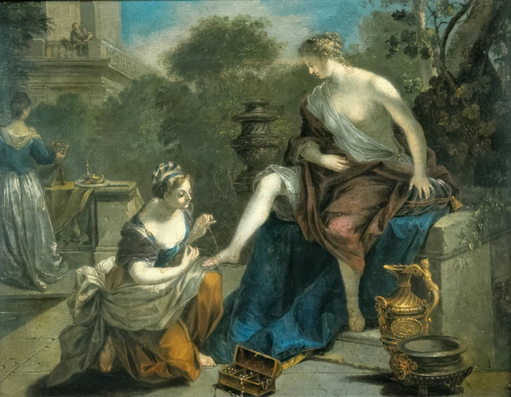 a painting depicting two women at a well