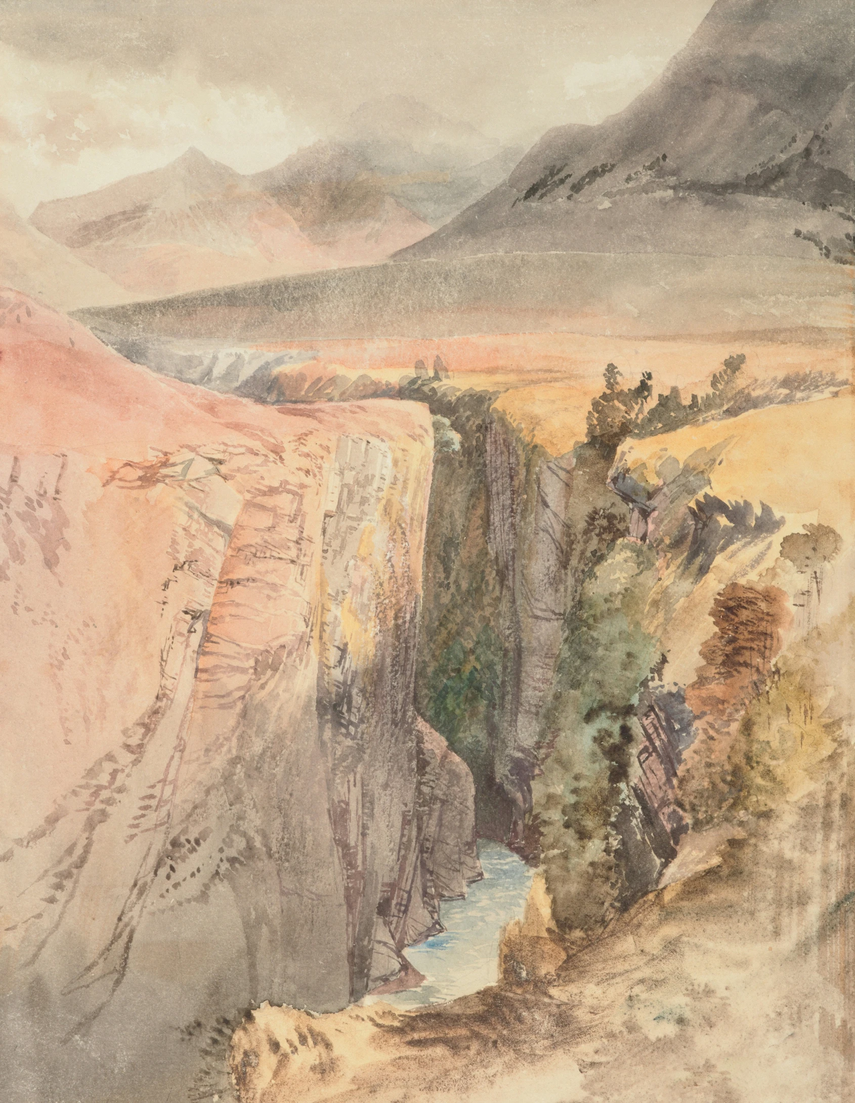 this is an old painting of a canyon with a cliff in the middle