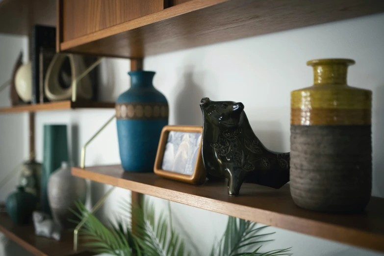 decorative objects on shelves in a room