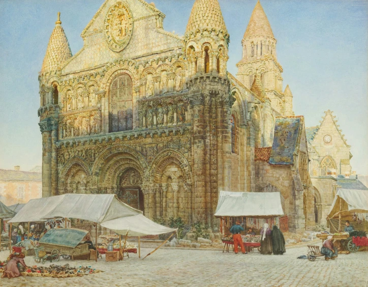a painting of a very old, historic church and an open market