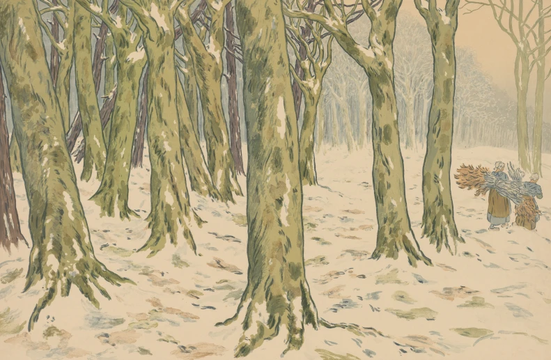 a drawing of trees in winter with snow on the ground