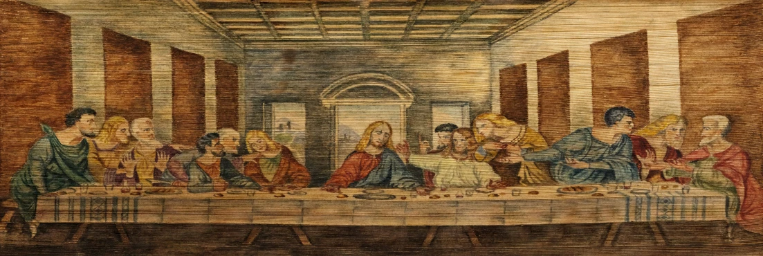 a painting of a large dining table in an old building