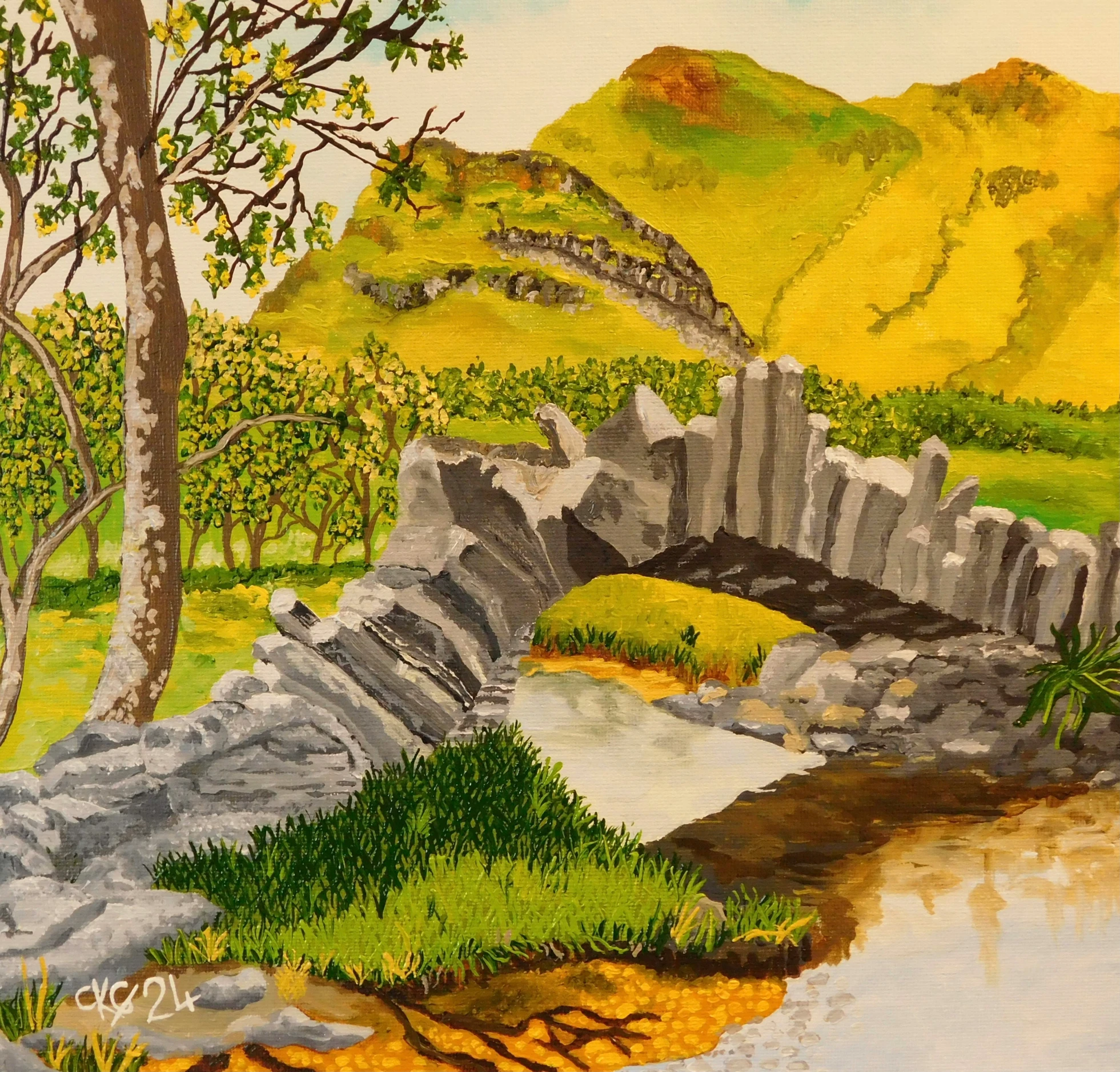 a painting shows a stone bridge crossing a river