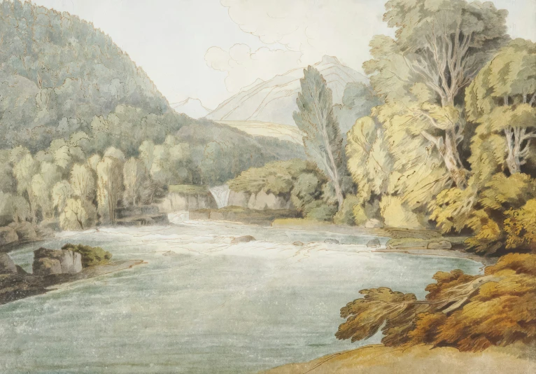 a painting on the wall showing water and trees