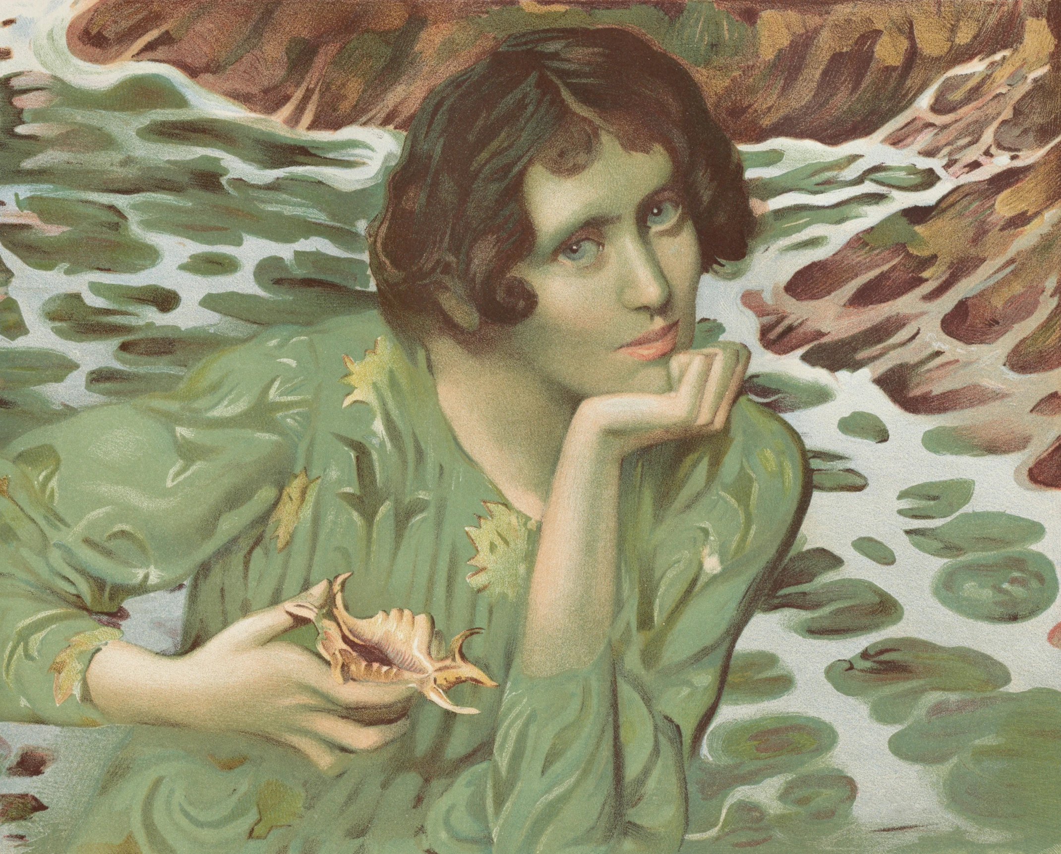 a woman in green is looking at a flower