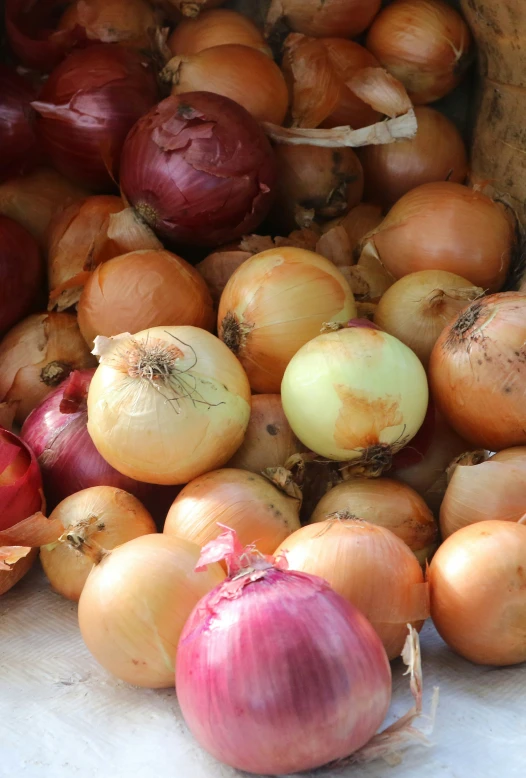 a pile of onion next to two onions and an onion slice