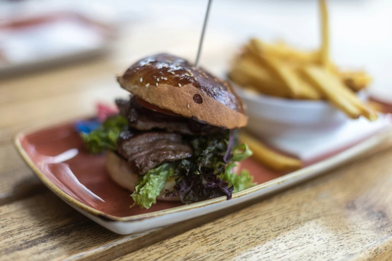 a hamburger and some fries on a small plate