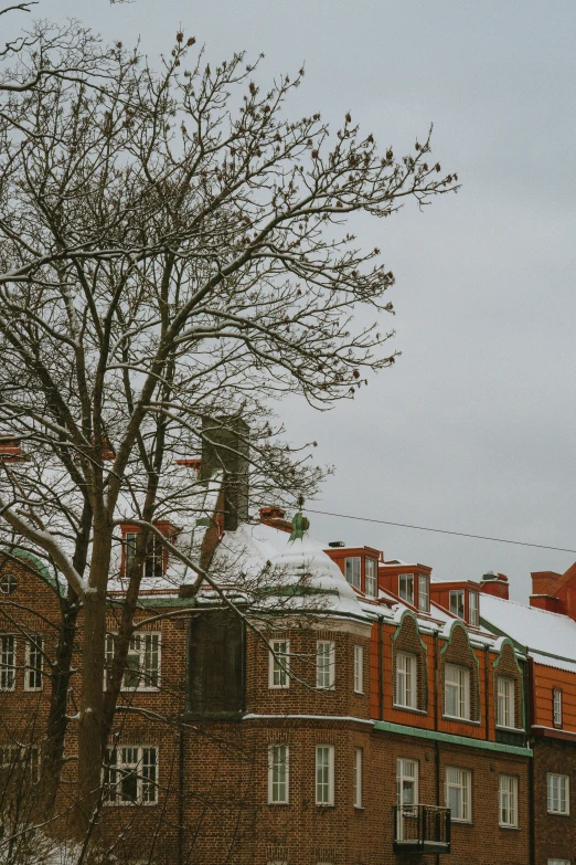 snow covers the roof of several buildings