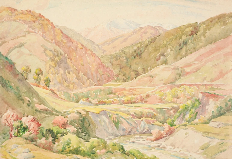 an artwork print of mountains with trees in the middle