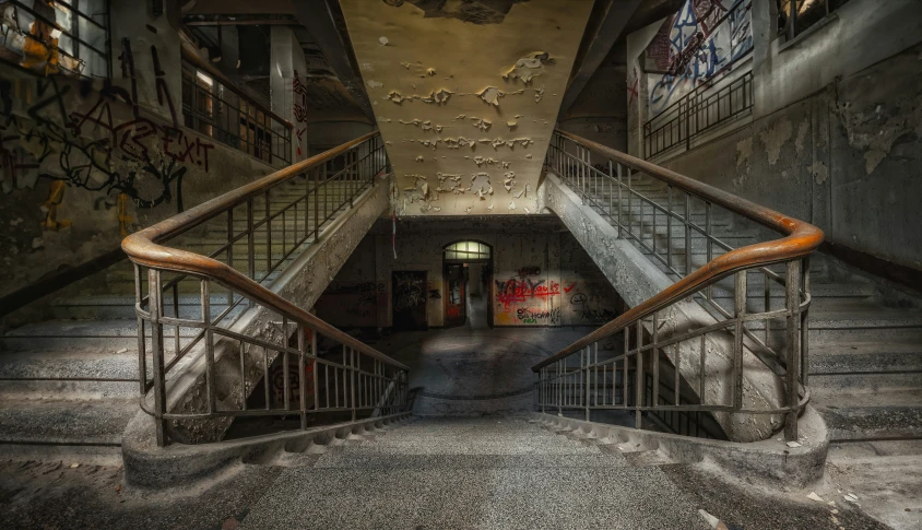 an artistic po of stairwells and graffiti on the walls