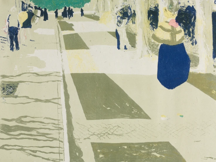 this is a painting of a woman walking down a city street