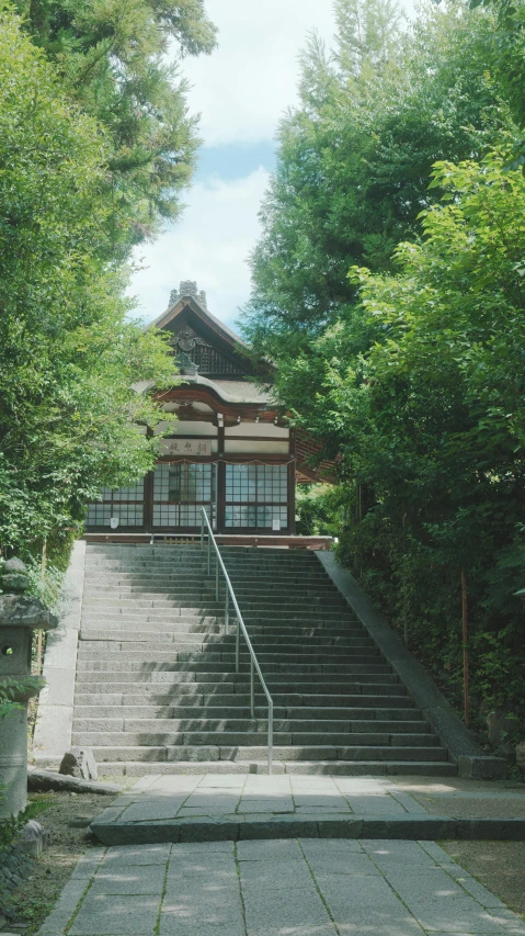 a large stairway with stairs leading to a house in the woods