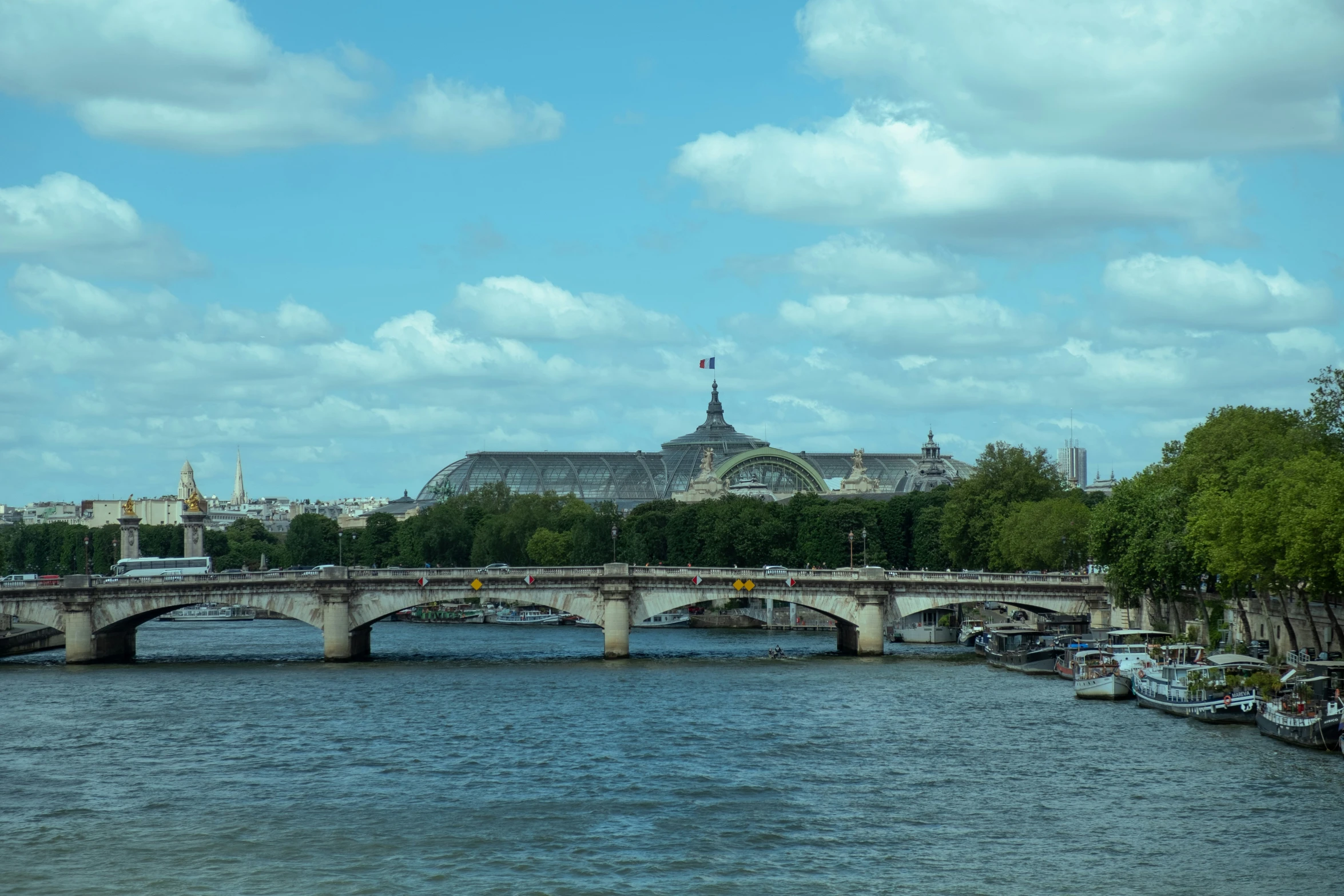 view of a bridge over a river in a city