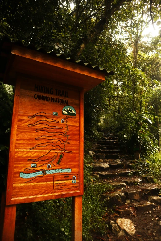 a trail sign with a wooden post