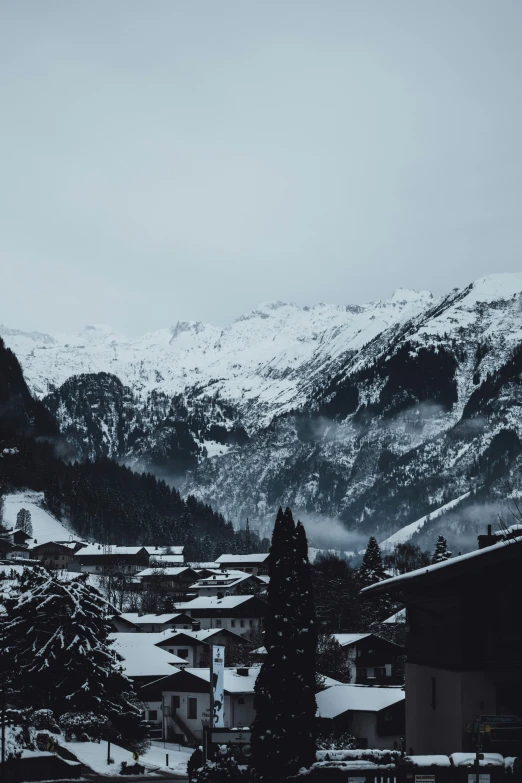 a city filled with snow covered mountains in the distance