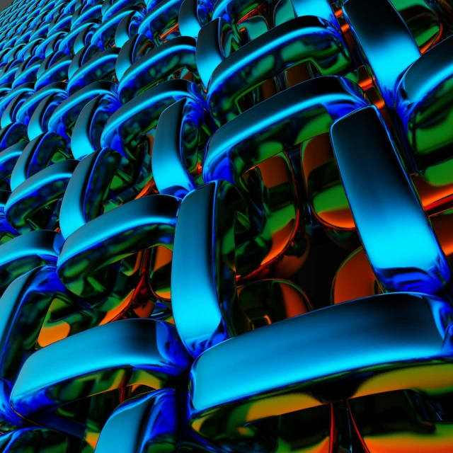 a large group of shiny blue chairs sitting next to each other