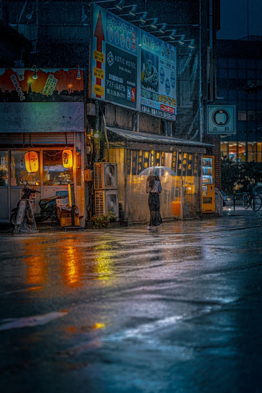 people standing on a wet sidewalk at night