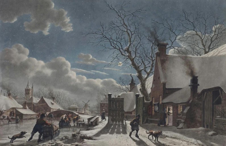 a village scene, with a snow covered street and people in winter clothing