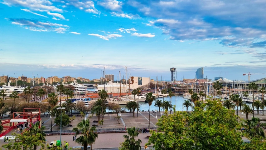 a city skyline with palm trees surrounding the river