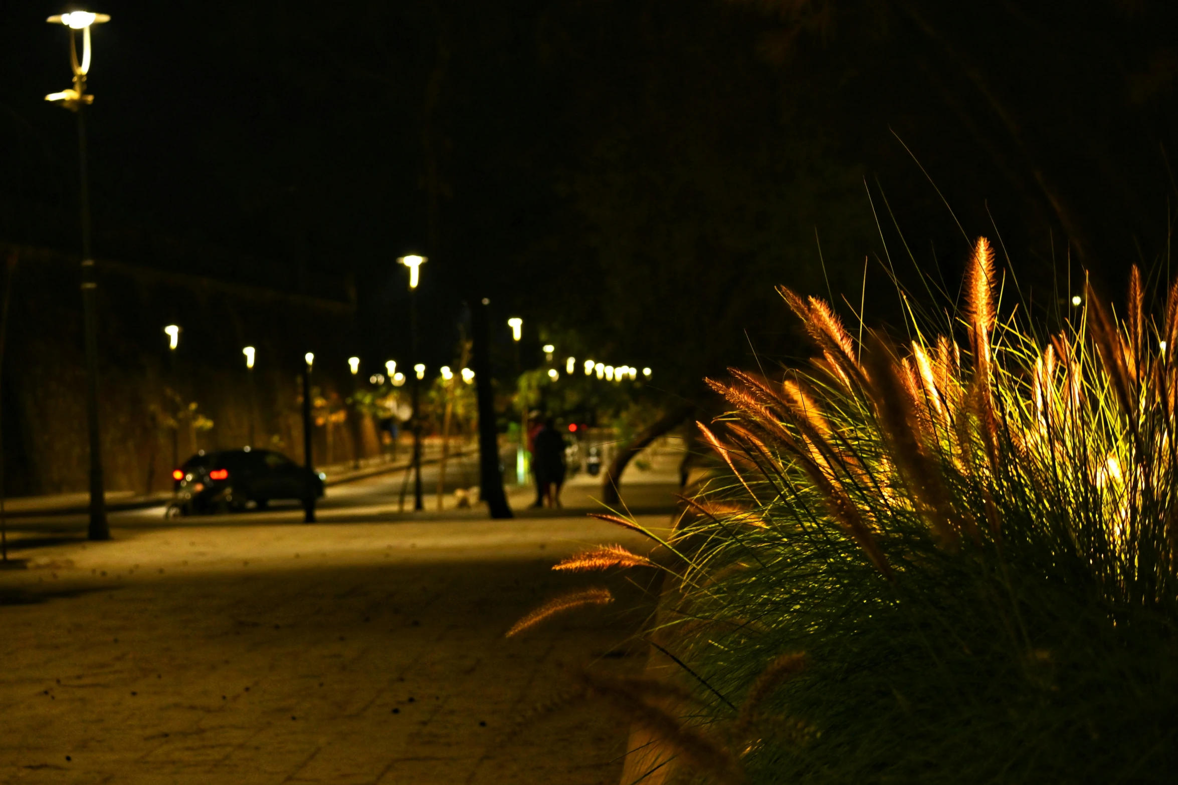 a person is walking towards the street at night