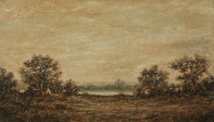 this painting depicts a landscape with trees on either side