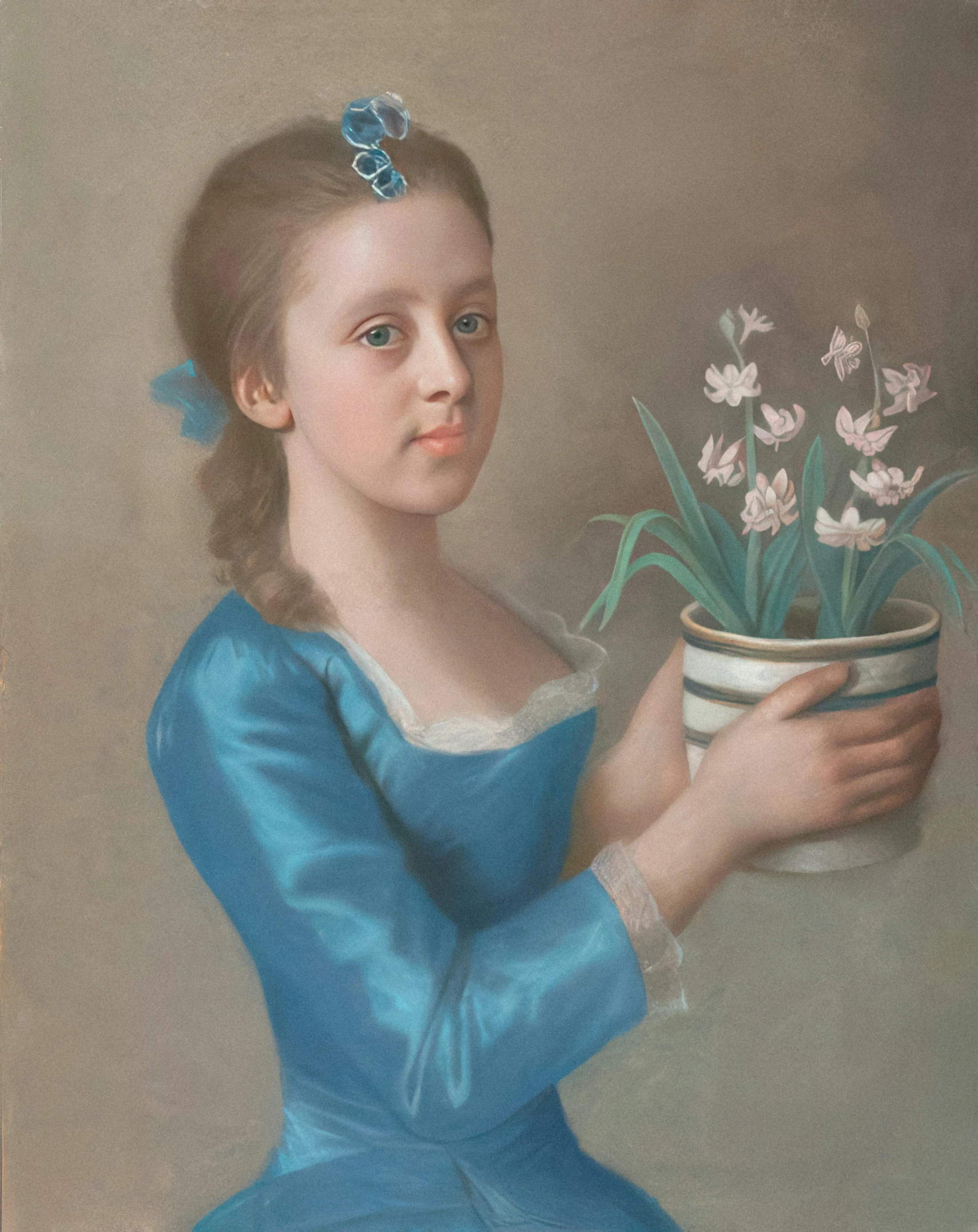 a painting of a  holding a bowl filled with flowers