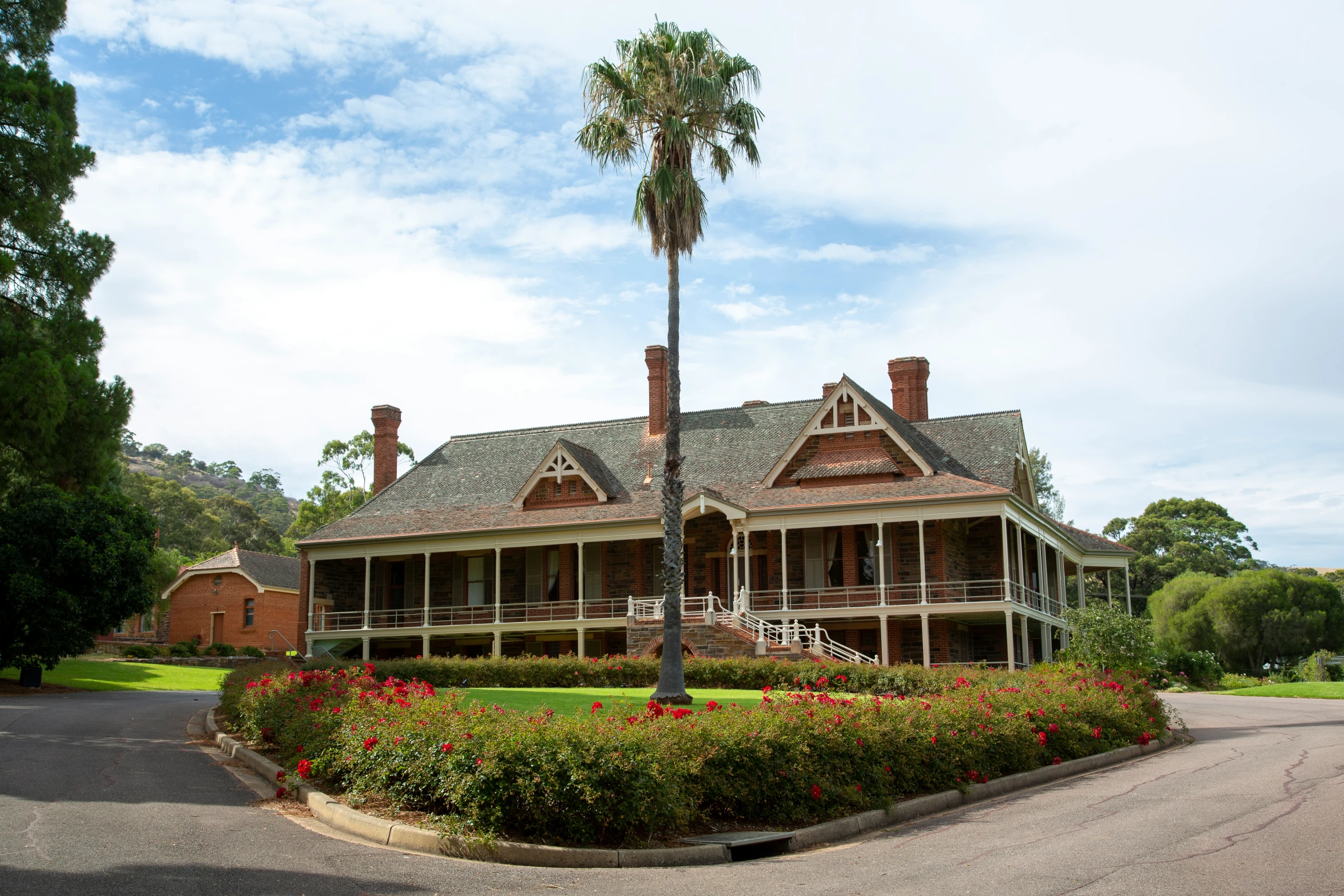 the house is very large and has tall palm trees