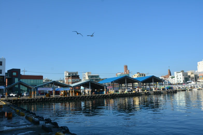 this harbor area has buildings that look like boats