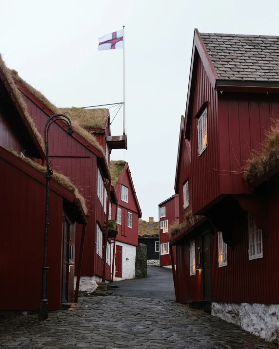 a cobblestone road with buildings that have a grass roof on top