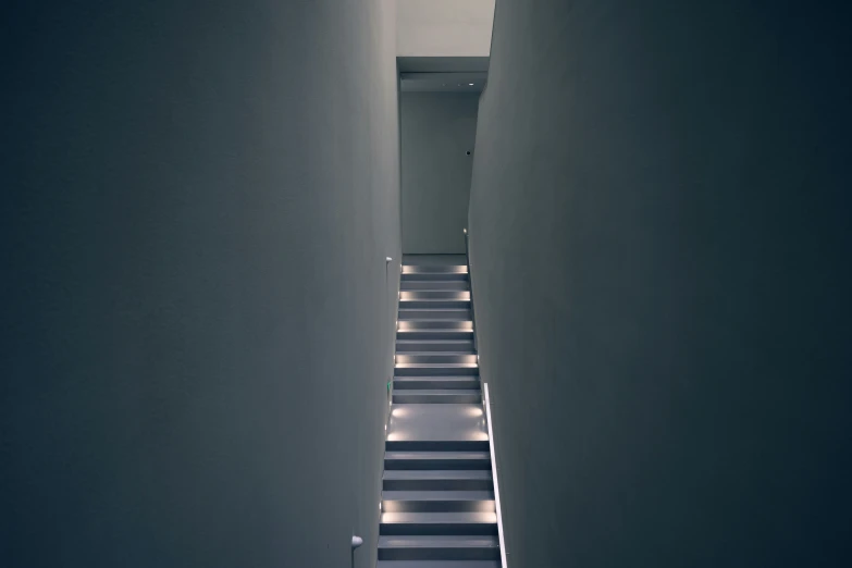 a staircase with white stairs leading up to an open door