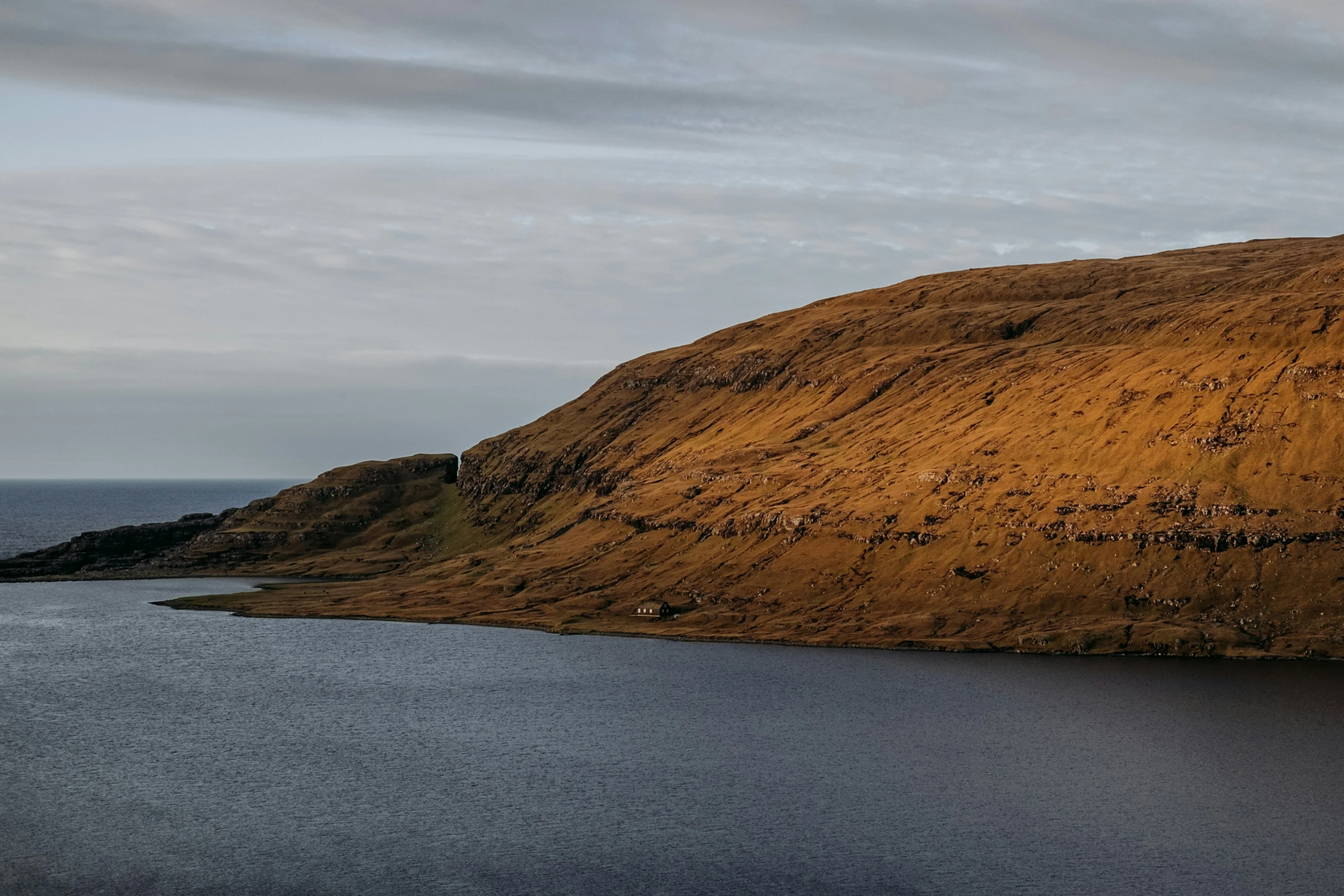 the shore of a lake near an island