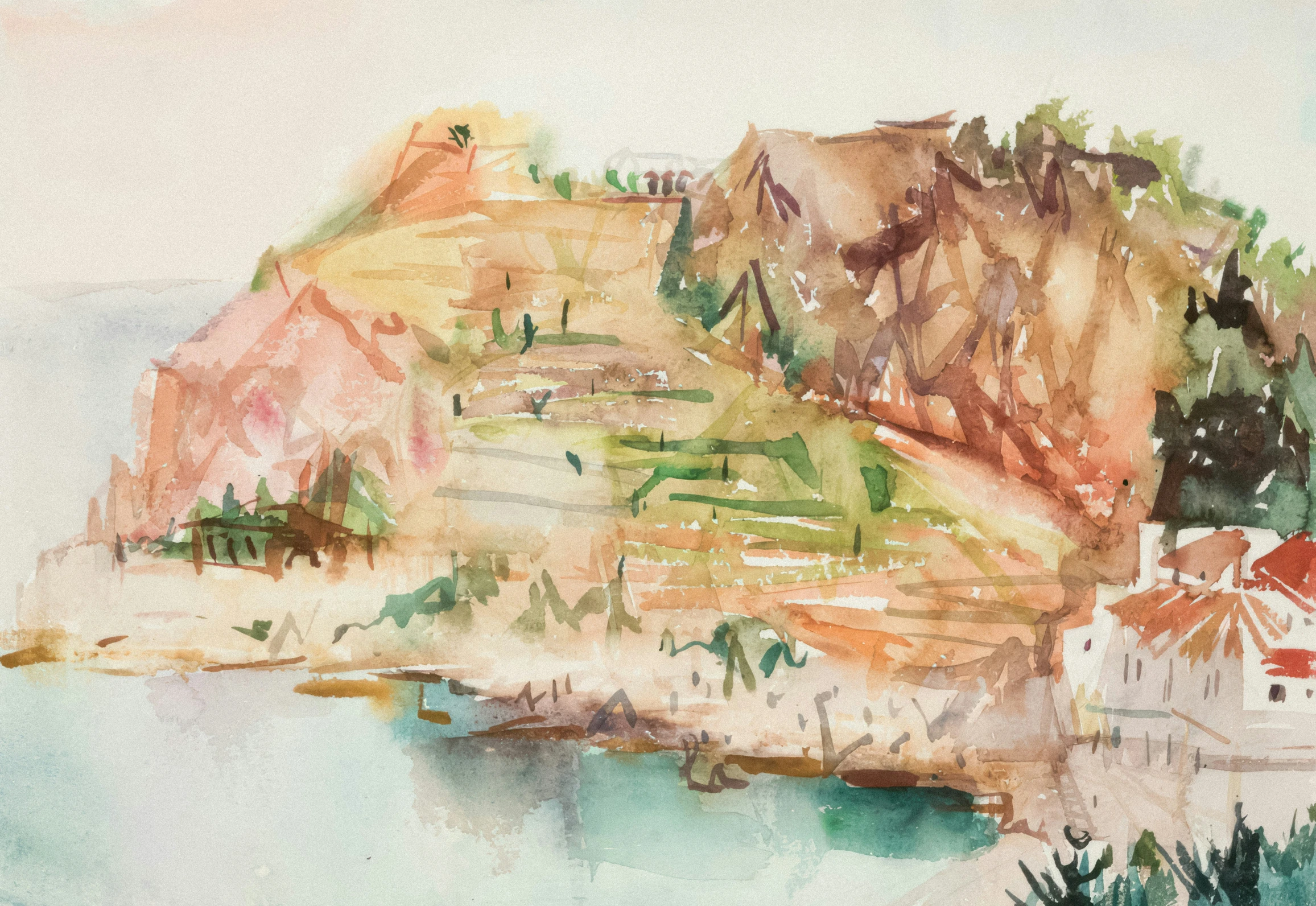 a watercolor painting of an area with a mountain, lake and houses