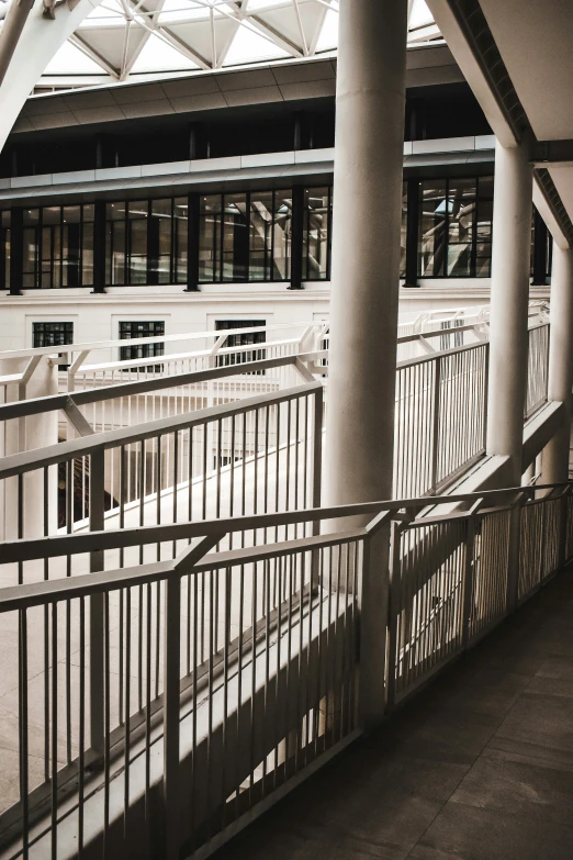 an empty walkway under a canopy with two benches