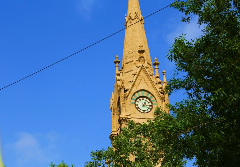 a clock tower is seen between some trees