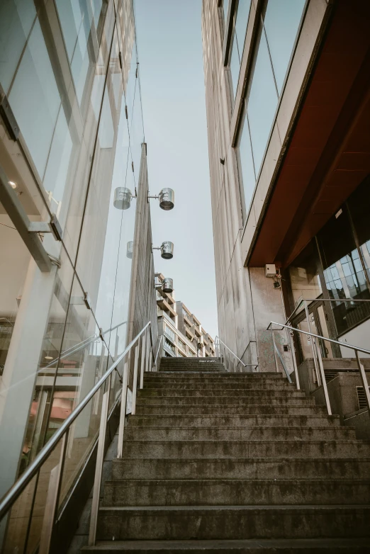 stairs and railings are in between buildings